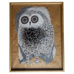 Vintage Owl by Guidette CARBONELL gouache on paper 1975