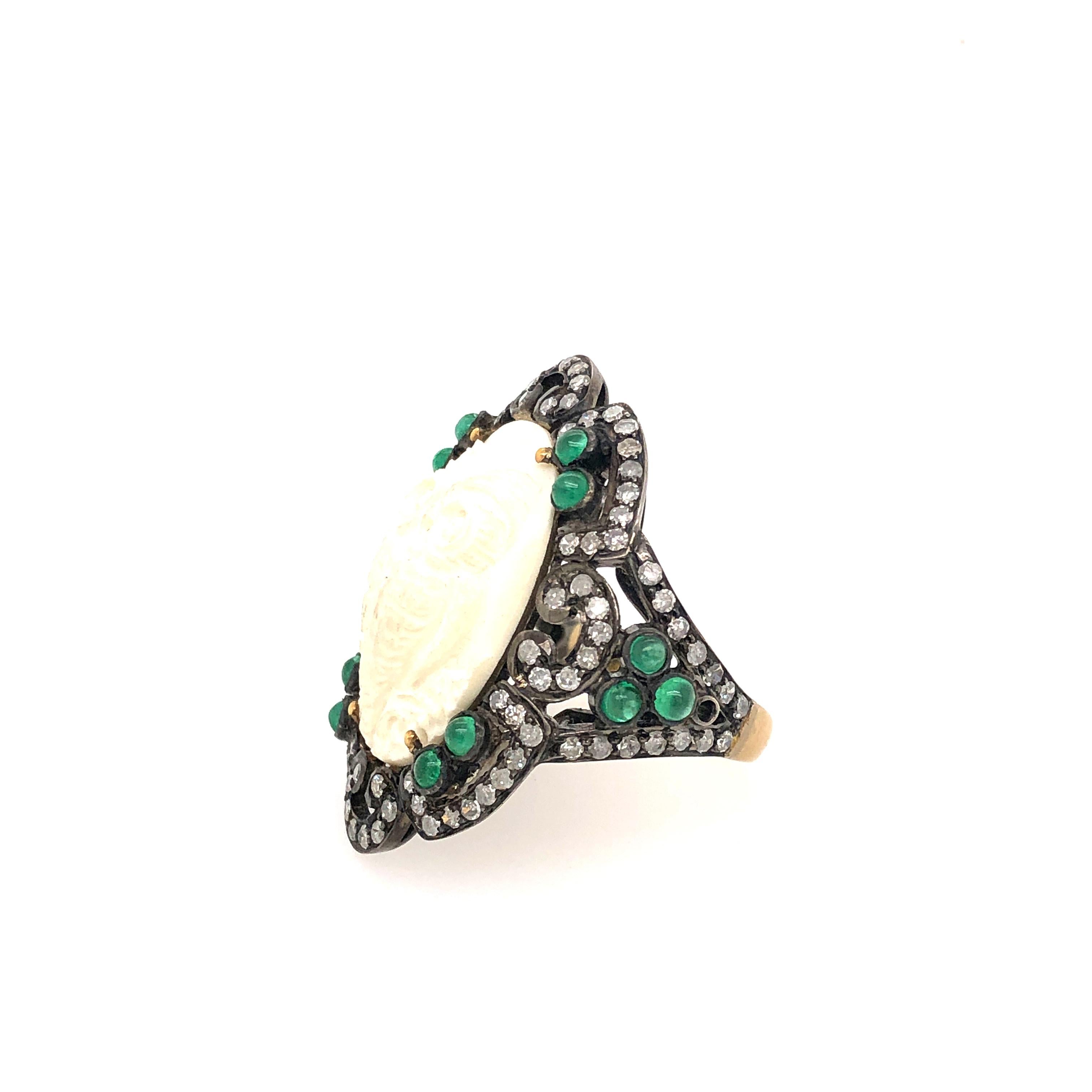 Emerald Cut Owl Cameo Ring with Diamonds and Emeralds For Sale