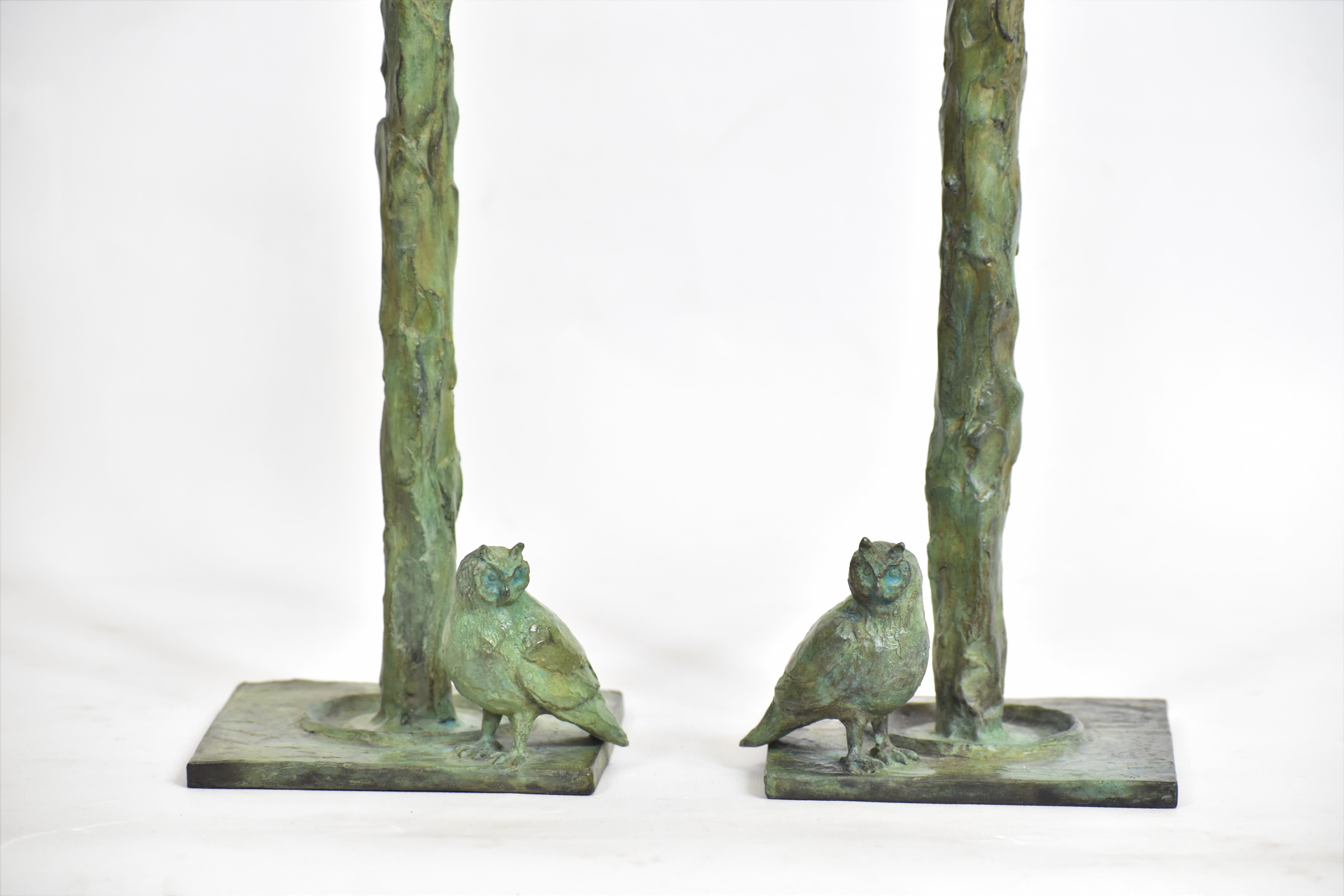 Rustic Owl Candlesticks in cast bronze in Verdigris For Sale