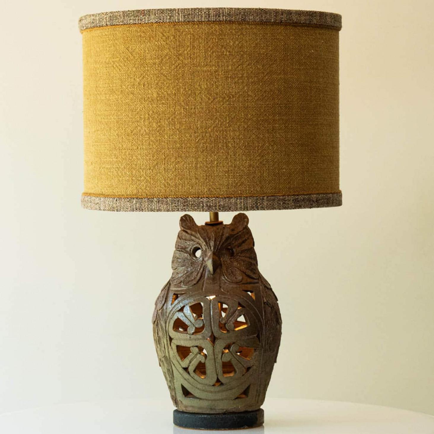 Owl Ceramic Table Lamp, New Lampshade by René Houben, 1970 For Sale 3