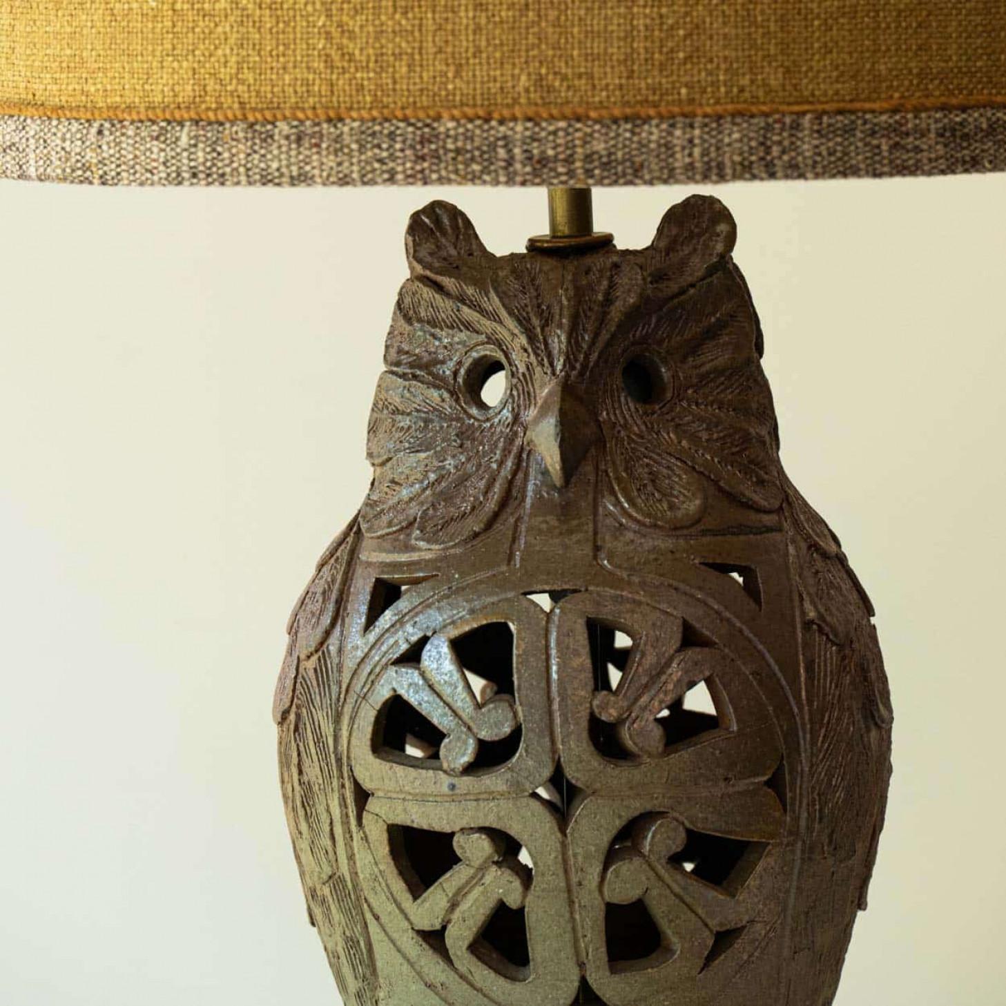 French Owl Ceramic Table Lamp, New Lampshade by René Houben, 1970 For Sale