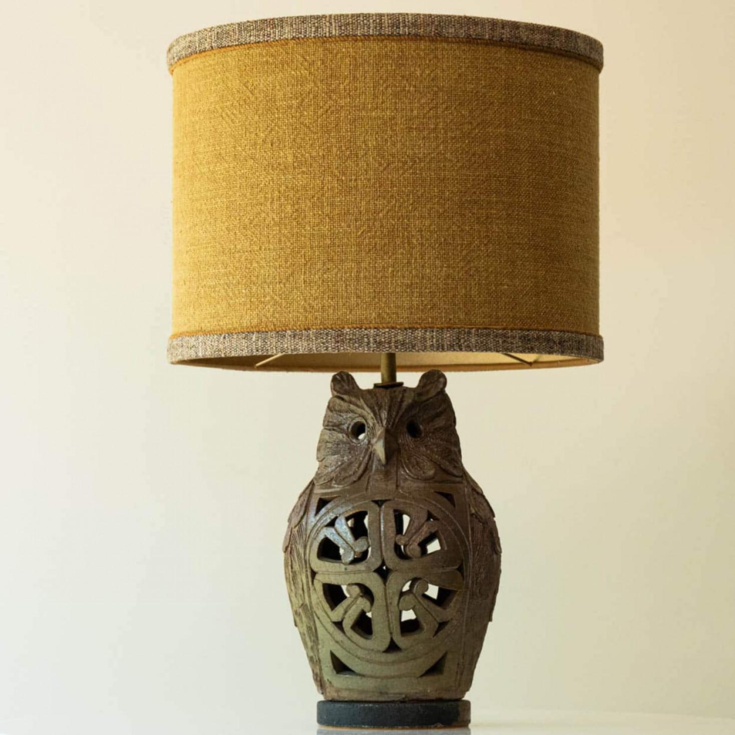 Late 20th Century Owl Ceramic Table Lamp, New Lampshade by René Houben, 1970 For Sale