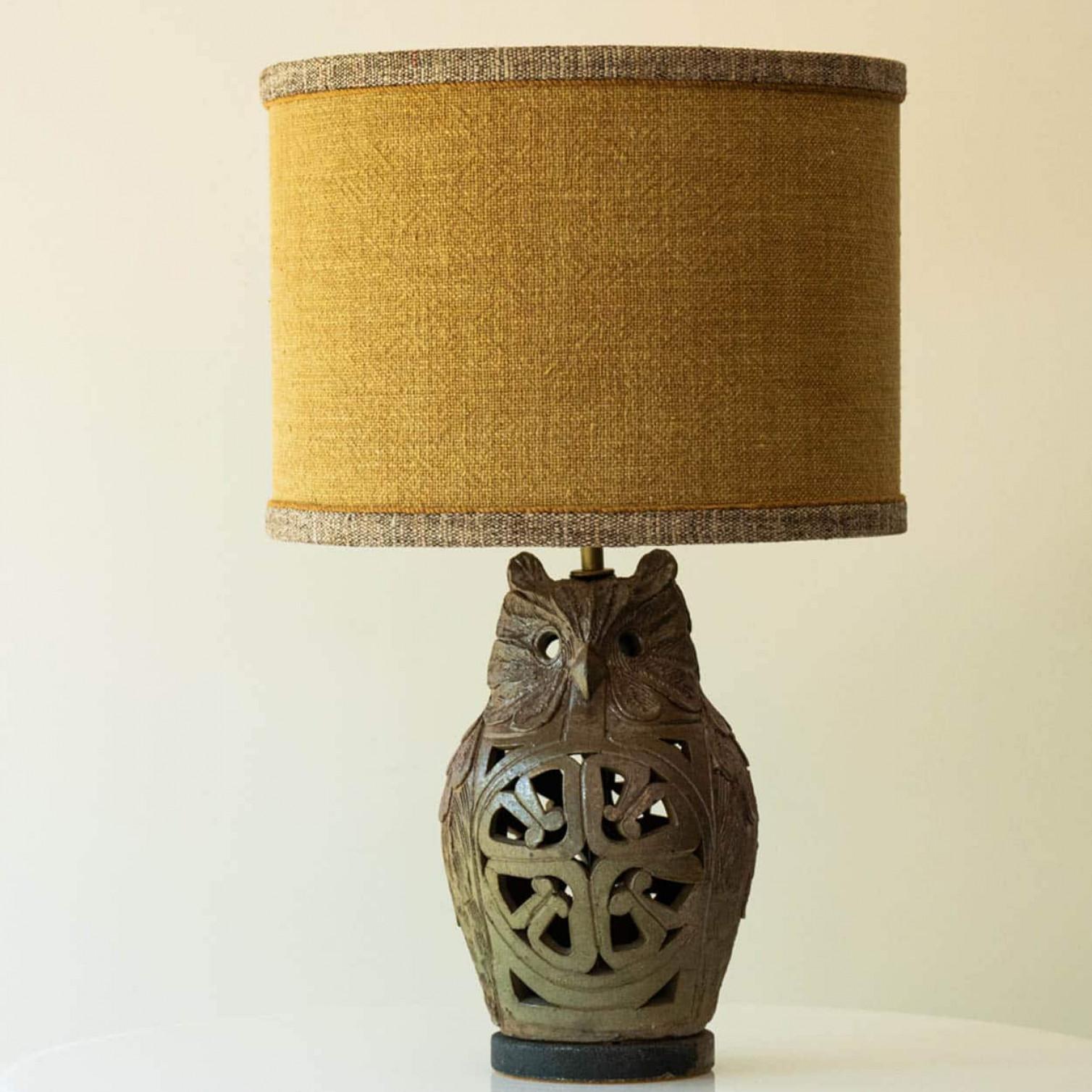 Owl Ceramic Table Lamp, New Lampshade by René Houben, 1970 For Sale 2