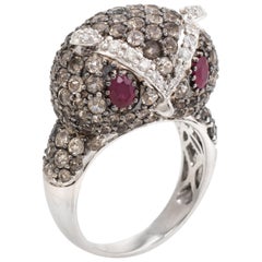 Owl Cocktail Ring Estate 14 Karat White Gold Diamond Ruby Quartz Vintage Jewelry