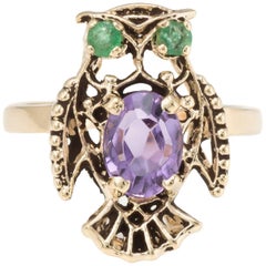 Owl Cocktail Ring Retro Amethyst Emerald 14 Karat Yellow Gold