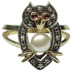 Antique Owl Cultured Pearl Ruby Rose Cut Diamonds Art Nouveau Yellow Gold Ring