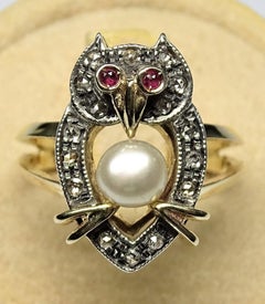 Owl Cultured Pearl Ruby Rose Cut Diamonds Art Nouveau Yellow Gold Ring