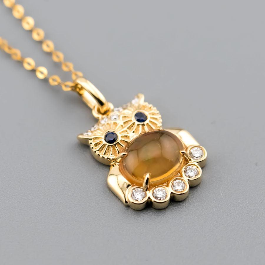 Artist Owl Design Fire Opal, Diamond Sapphire Pendant 18K Yellow Gold For Sale