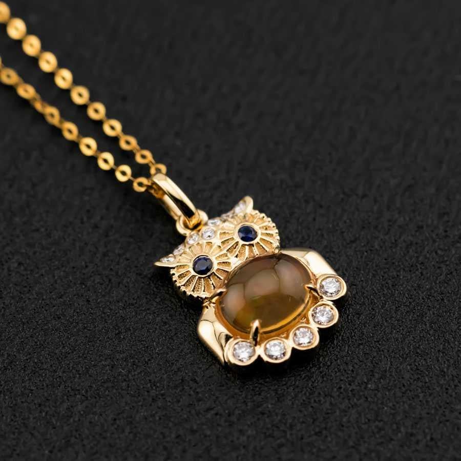 Owl Design Fire Opal, Diamond Sapphire Pendant 18K Yellow Gold In New Condition For Sale In Suwanee, GA