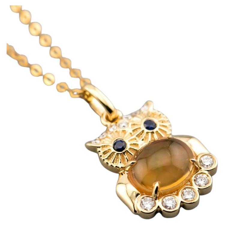 Owl Design Fire Opal, Diamond Sapphire Pendant 18K Yellow Gold