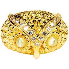 Owl Diamond 0.20 Carat Chrysoberyl 0.50 Carat and 18 Karat Yellow Gold Band Ring