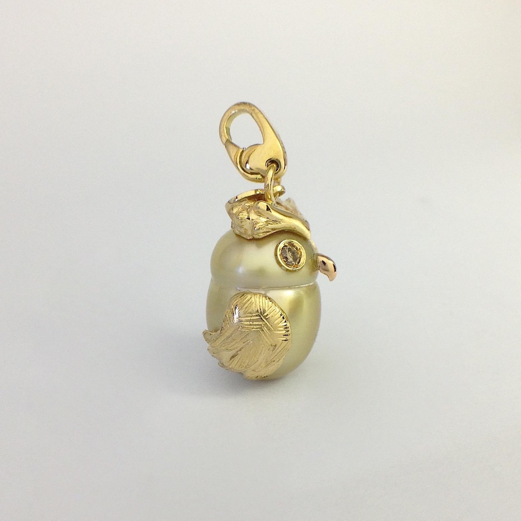 Contemporary Owl Diamond 18K Gold Australian Pearl  Charm or Pendant Necklace