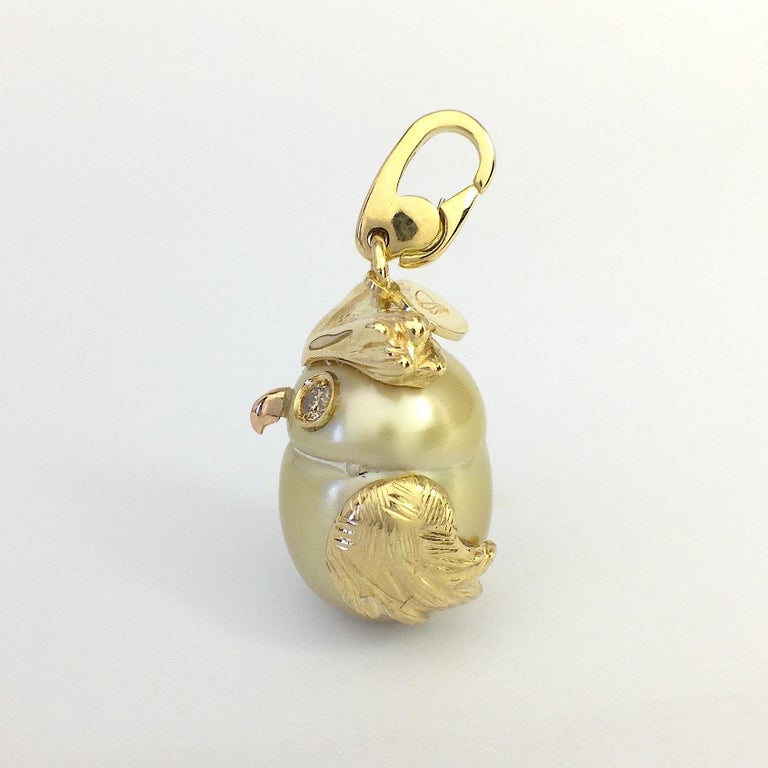 Owl Diamond 18K Gold Australian Pearl Charm or Pendant Necklace at