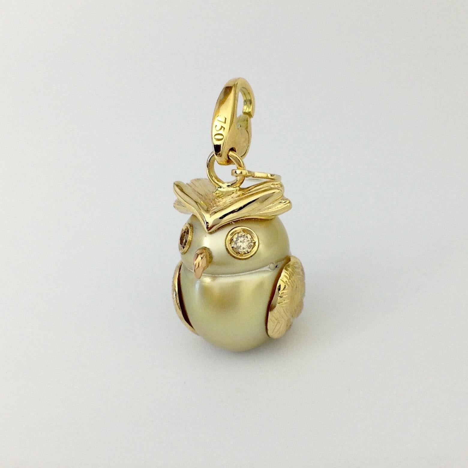Owl Diamond 18K Gold Australian Pearl  Charm or Pendant Necklace 1