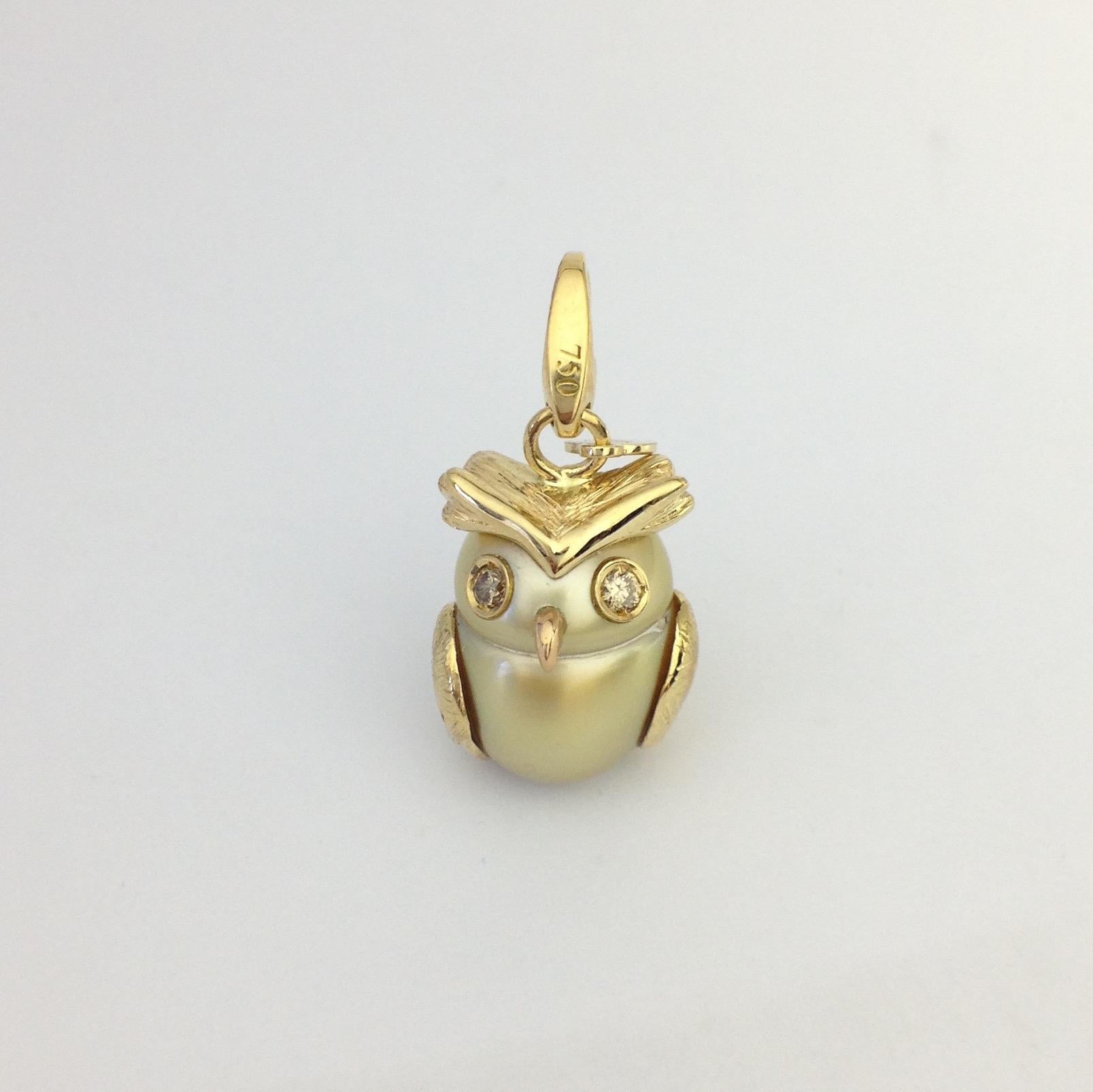 Owl Diamond 18K Gold Australian Pearl  Charm or Pendant Necklace 2