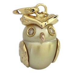 Owl Diamond 18K Gold Australian Pearl  Charm or Pendant Necklace