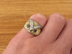 Owl Diamond and Sapphire Eyes Gold Ring 14K Solid Gold 11.4 Grams Size 5.5