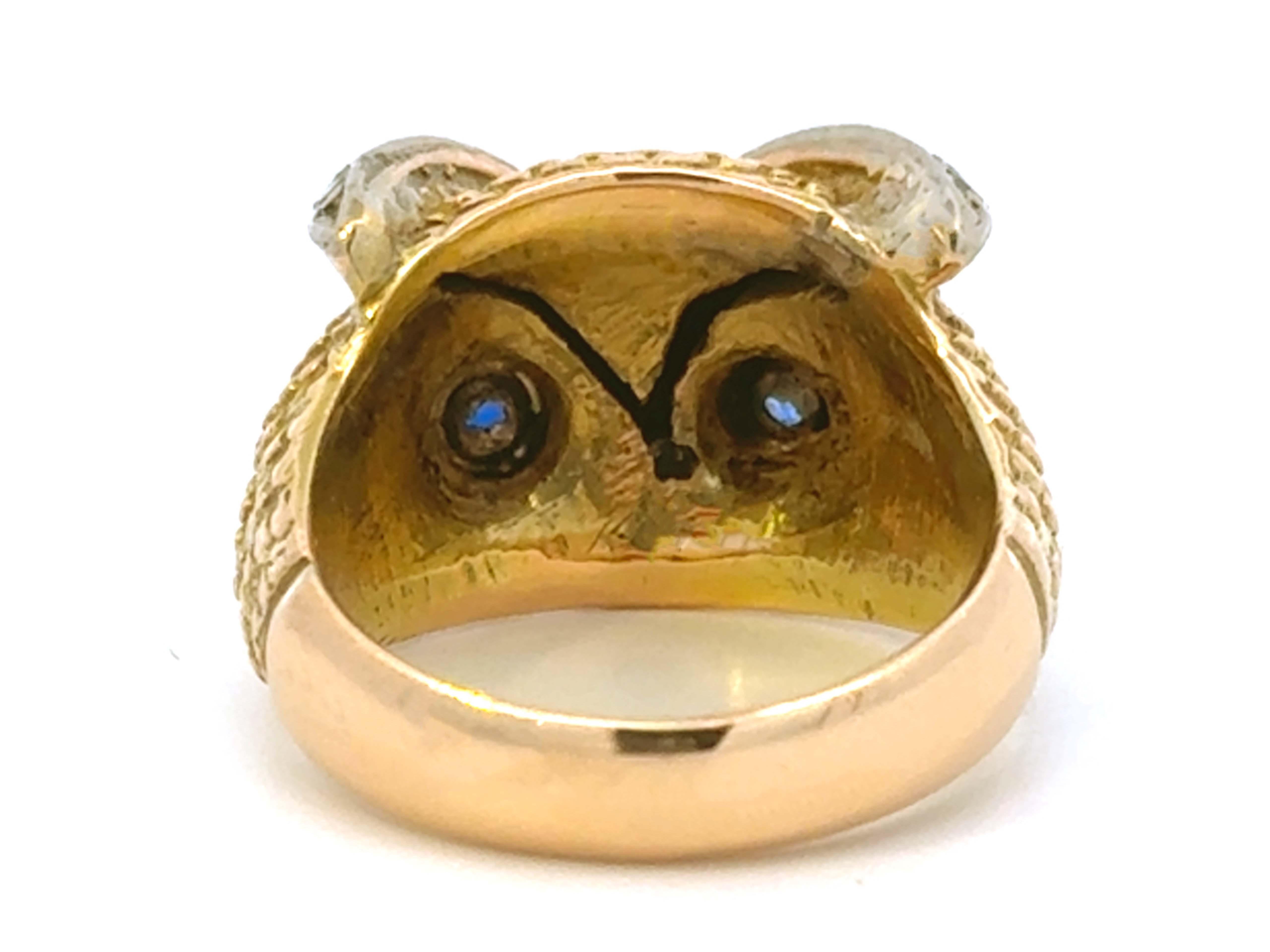 Owl Diamond and Sapphire Eyes Gold Ring 14K Solid Gold 11.4 Grams Size 5.5 For Sale 1