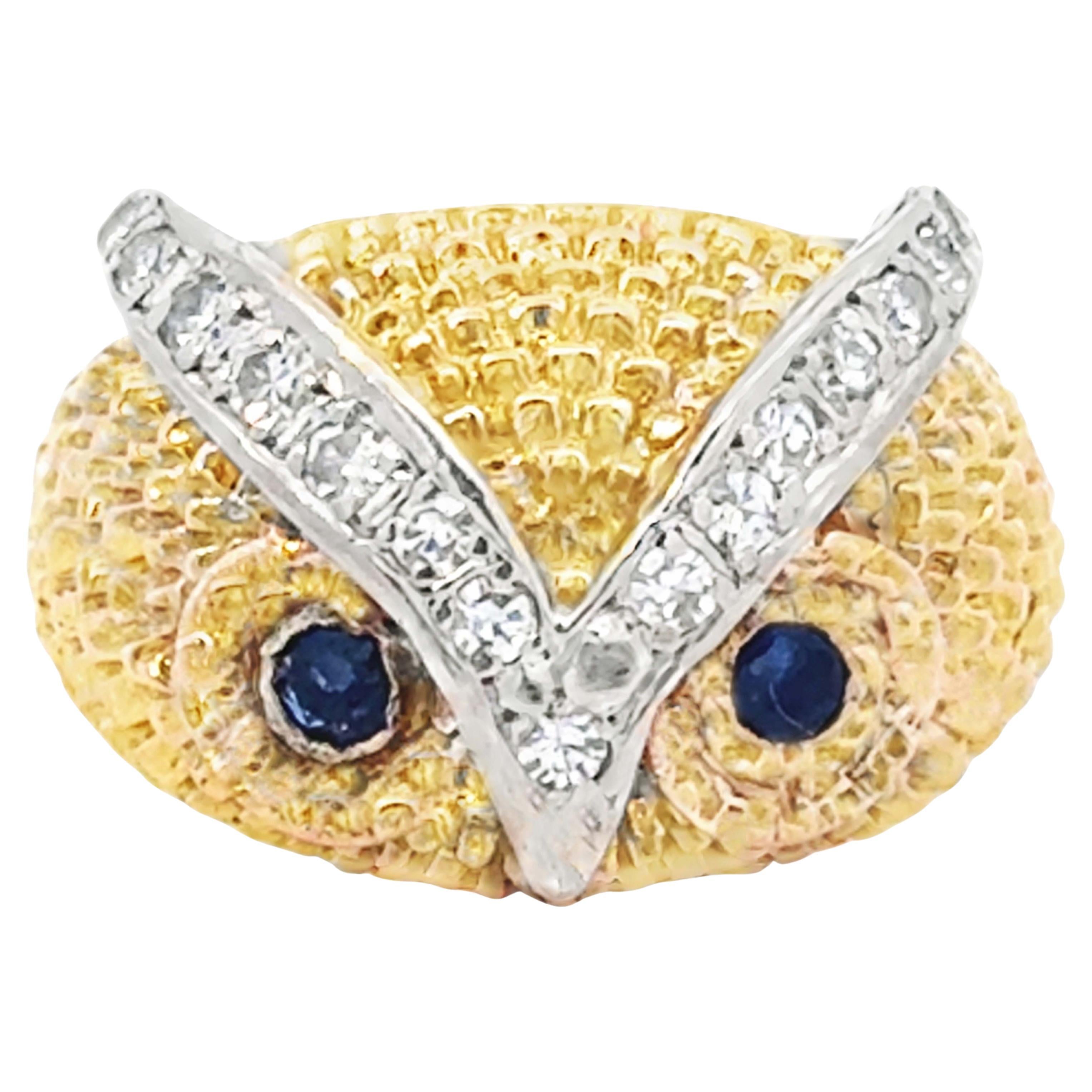 Owl Diamond and Sapphire Eyes Gold Ring 14K Solid Gold 11.4 Grams Size 5.5 For Sale 2