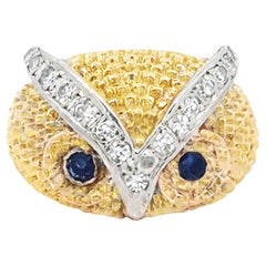 Owl Diamond and Sapphire Eyes Gold Ring 14K Solid Gold 11.4 Grams Size 5.5