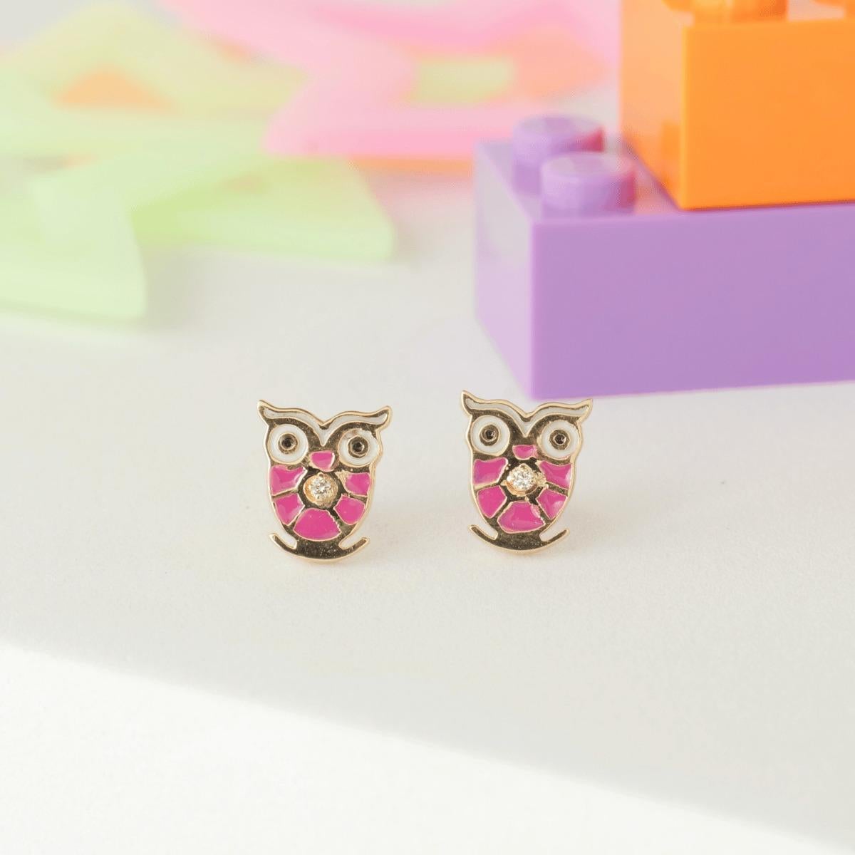Art Déco Owl Diamond Kids Stud Earrings in 14k Solid Gold (Certified) in vendita