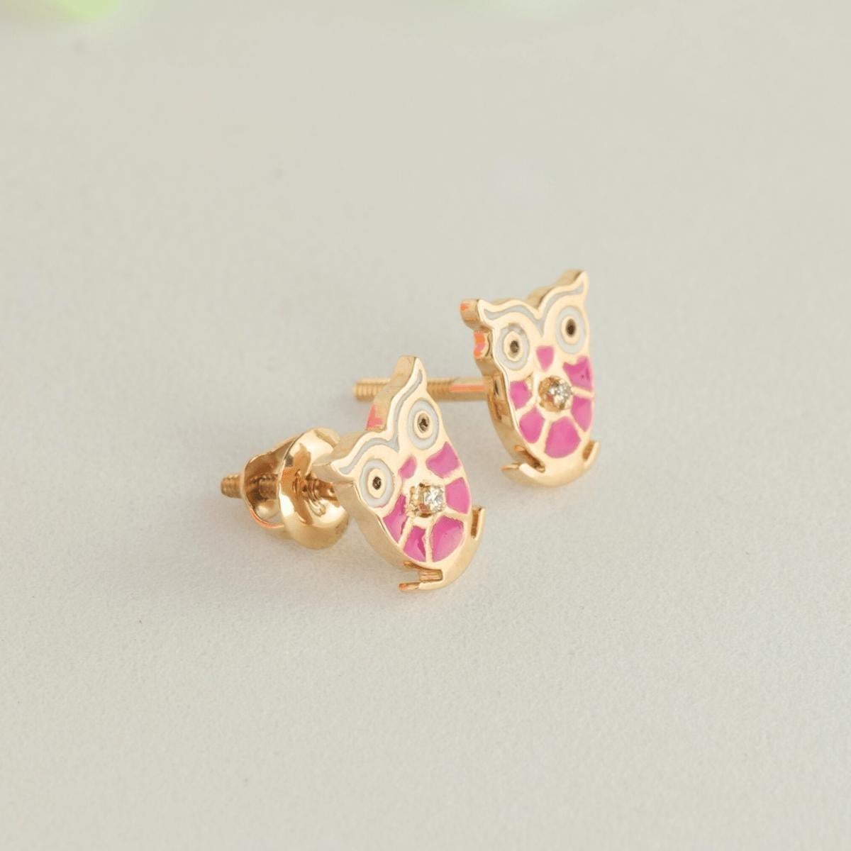 Owl Diamond Kids Stud Earrings in 14k Solid Gold (Certified) In condizioni Nuovo in vendita a New Delhi, DL