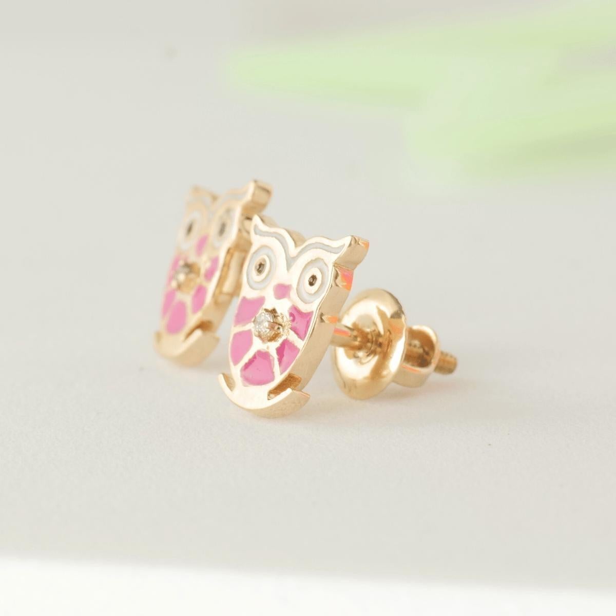 Donna Owl Diamond Kids Stud Earrings in 14k Solid Gold (Certified) in vendita
