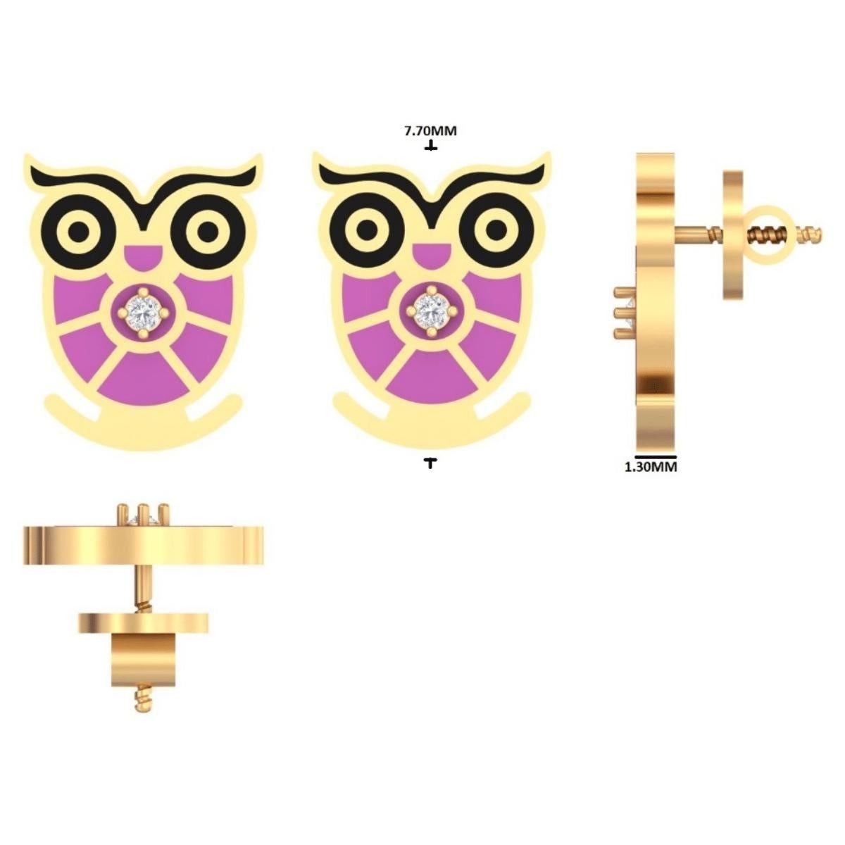 Owl Diamond Kids Stud Earrings in 14k Solid Gold (Certified) in vendita 2