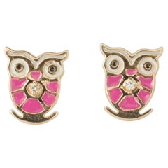 Owl Diamond Kids Stud Earrings in 14k Solid Gold (Certified)