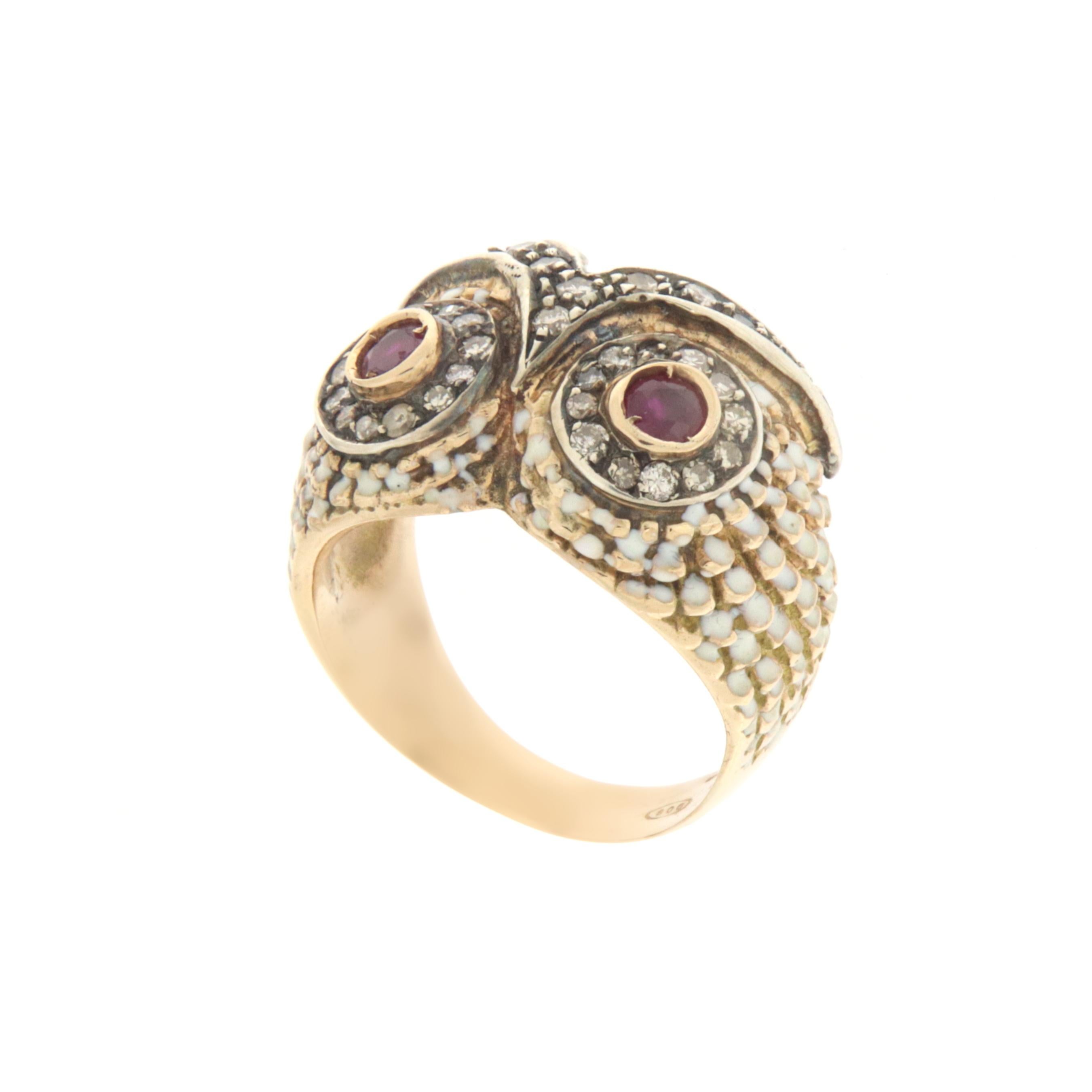 Artisan Owl Diamonds Rubies 14 Karat Yellow Gold Cocktail Ring For Sale