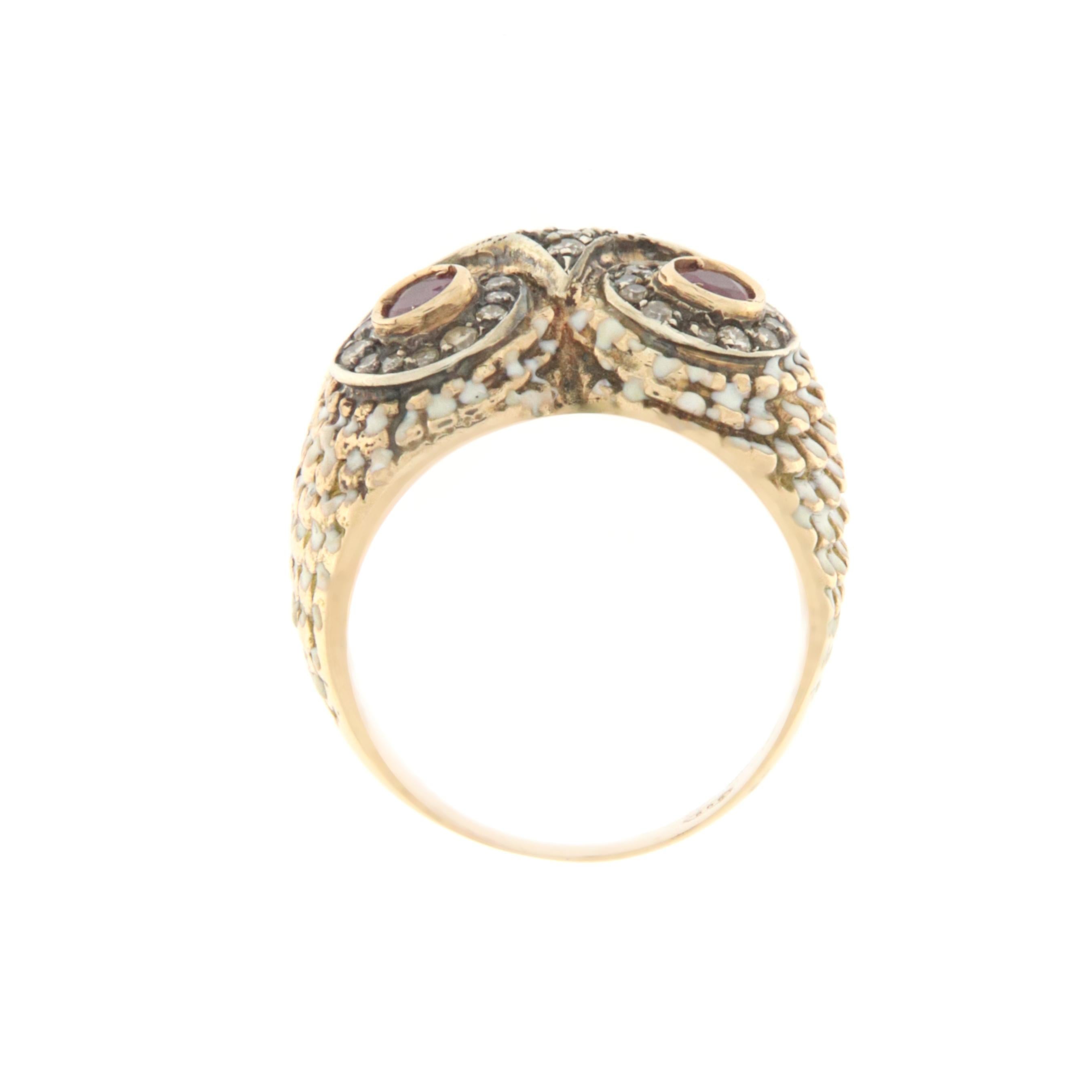 Owl Diamonds Rubies 14 Karat Yellow Gold Cocktail Ring In New Condition For Sale In Marcianise, IT