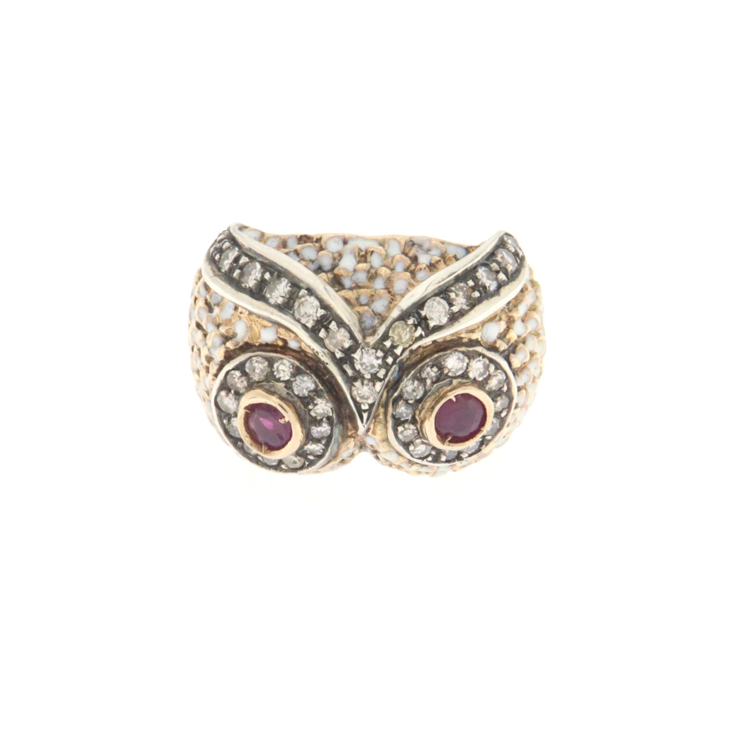 Women's Owl Diamonds Rubies 14 Karat Yellow Gold Cocktail Ring For Sale
