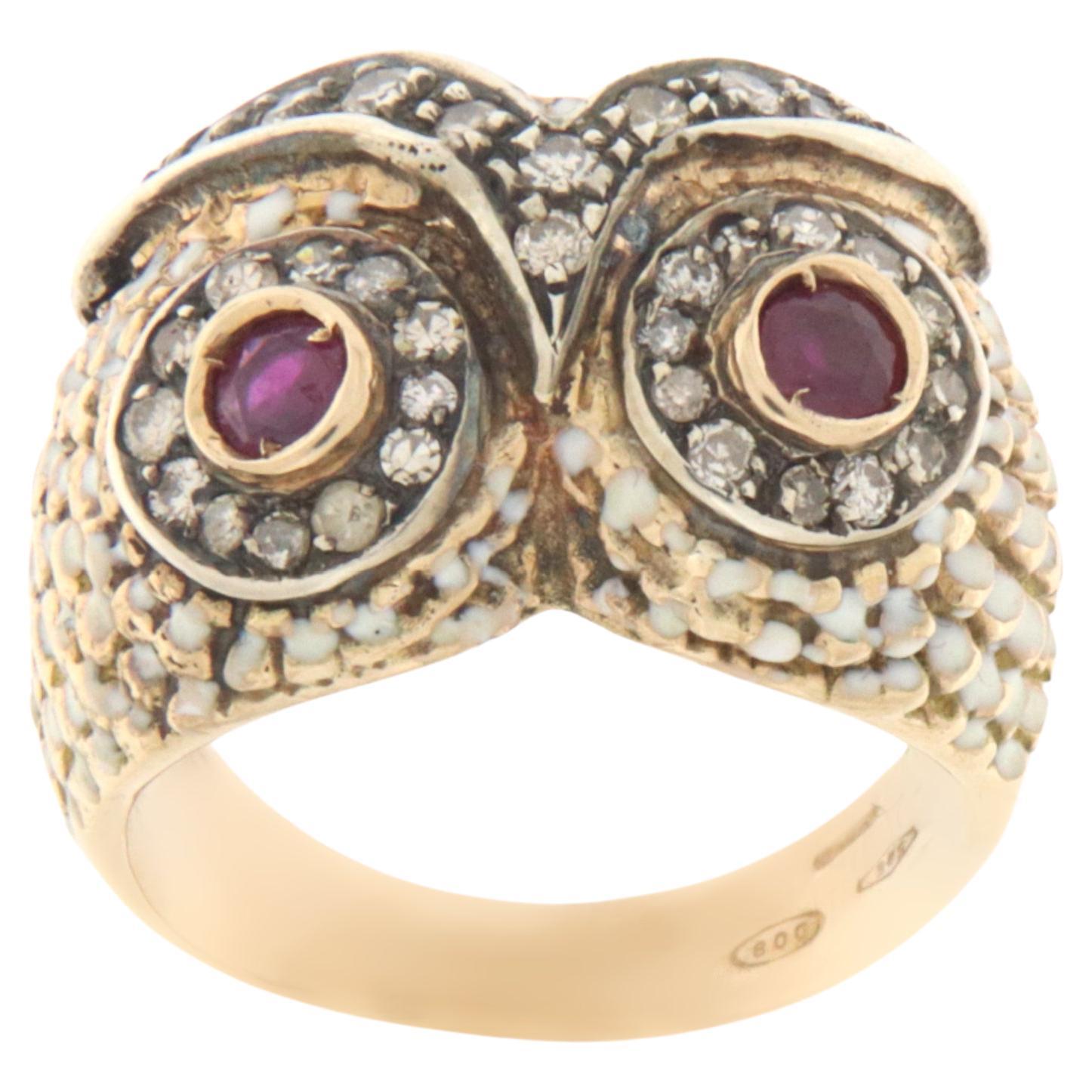 Owl Diamonds Rubies 14 Karat Yellow Gold Cocktail Ring For Sale