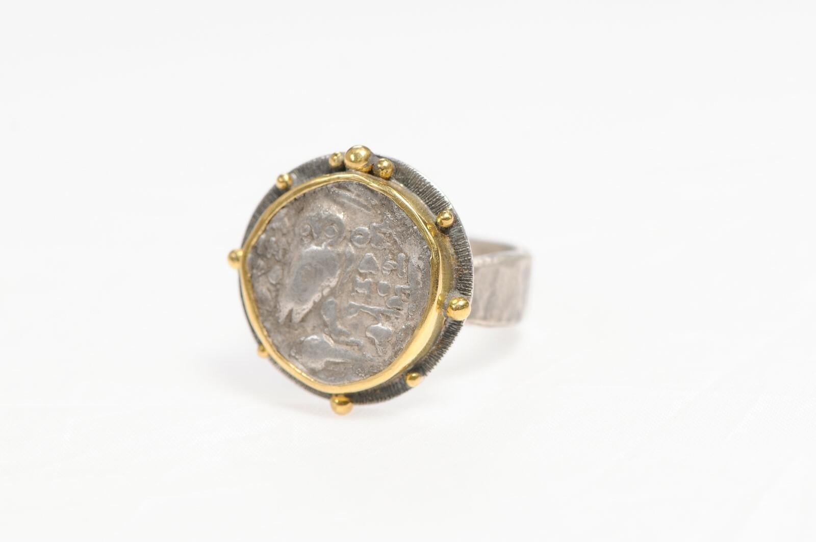 Women's or Men's Owl Drachm Ring in 22k & sterling silver For Sale