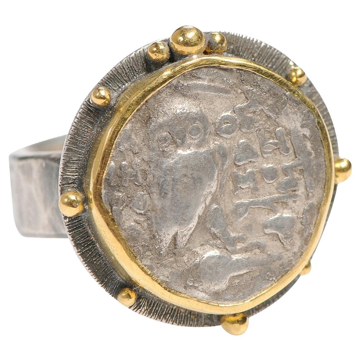 Owl Drachm Ring in 22k & sterling silver For Sale