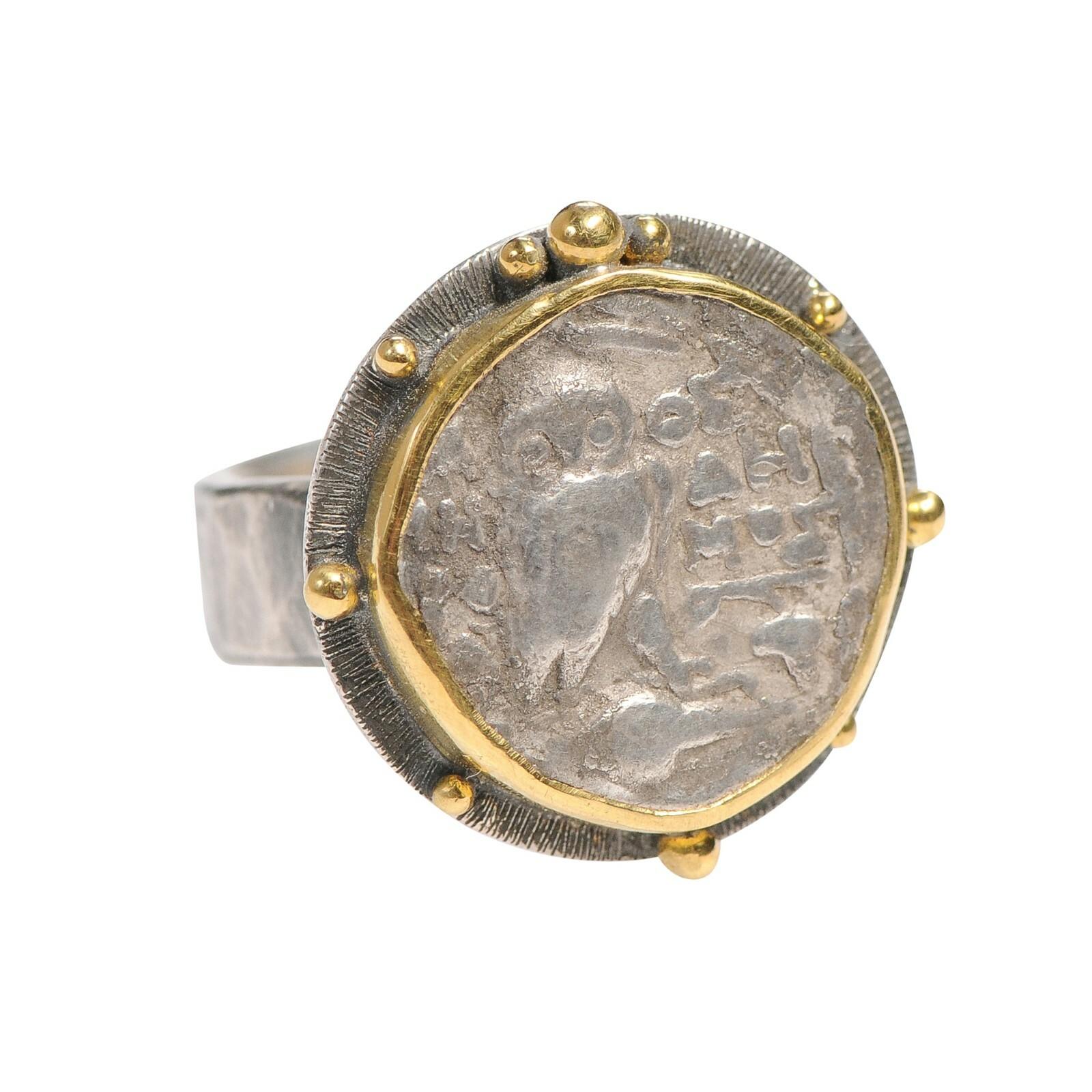 Eule Drachm-Ring aus 22k & Sterlingsilber im Angebot
