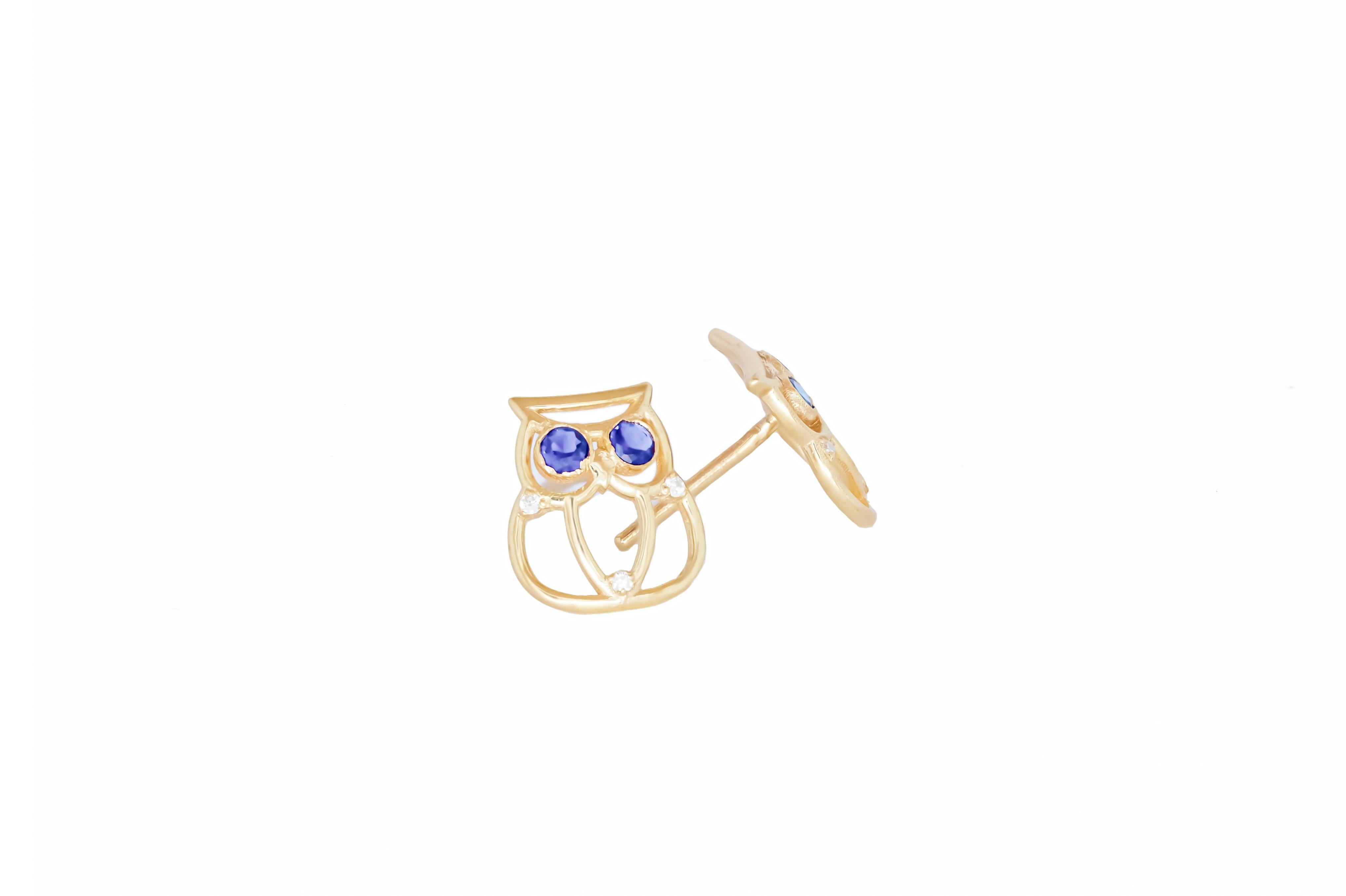 Women's Owl earrings and ring set in 14k gold.  For Sale