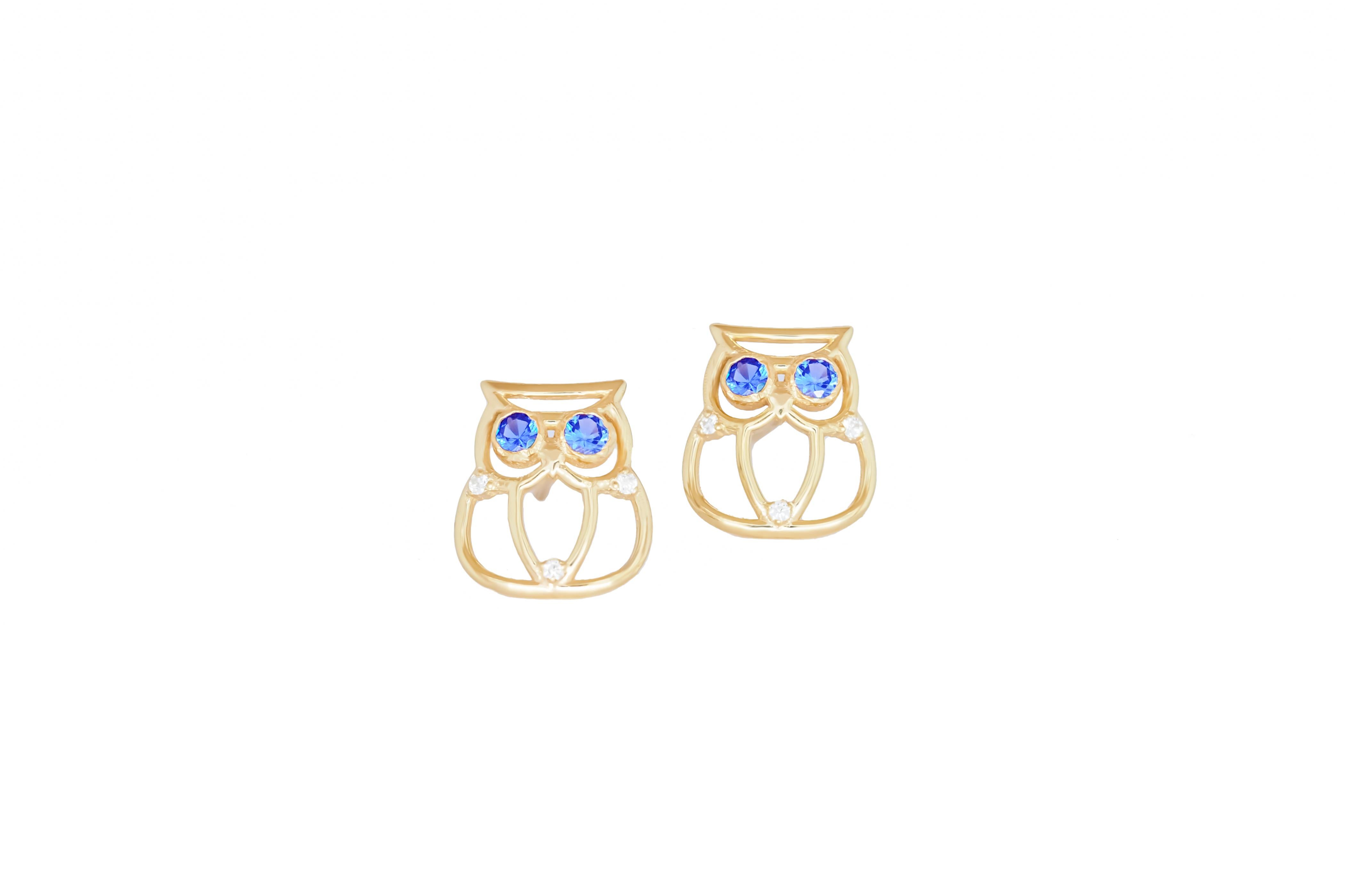 Owl earrings in 14k gold.  In New Condition For Sale In Istanbul, TR