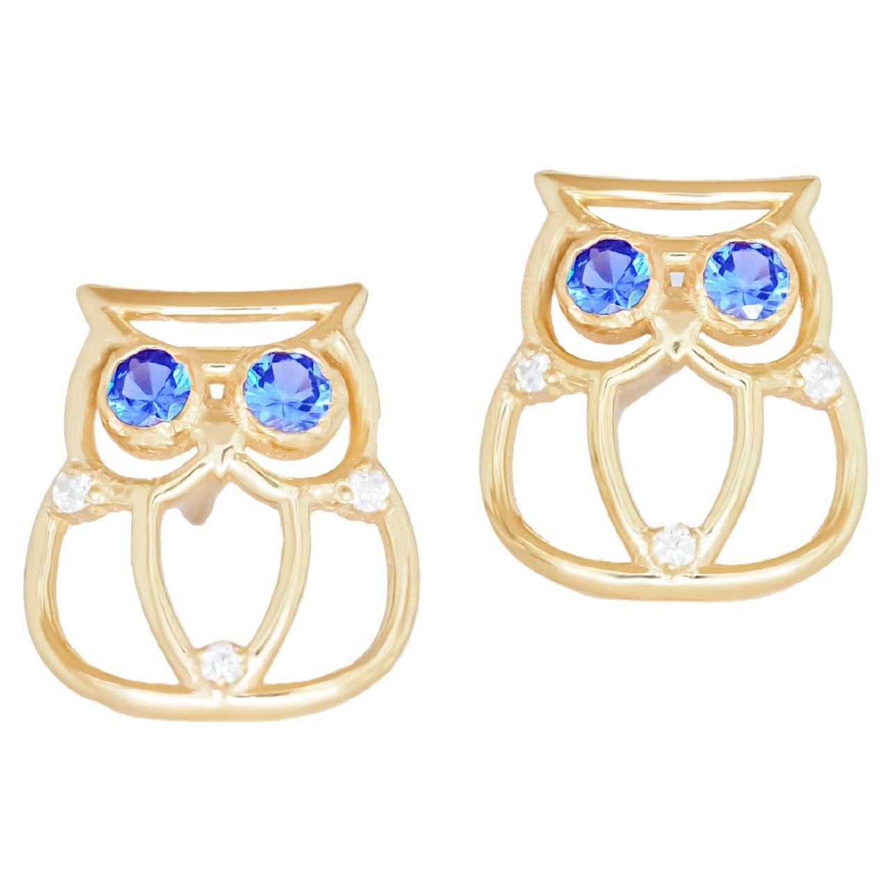 Owl earrings in 14k gold.  For Sale