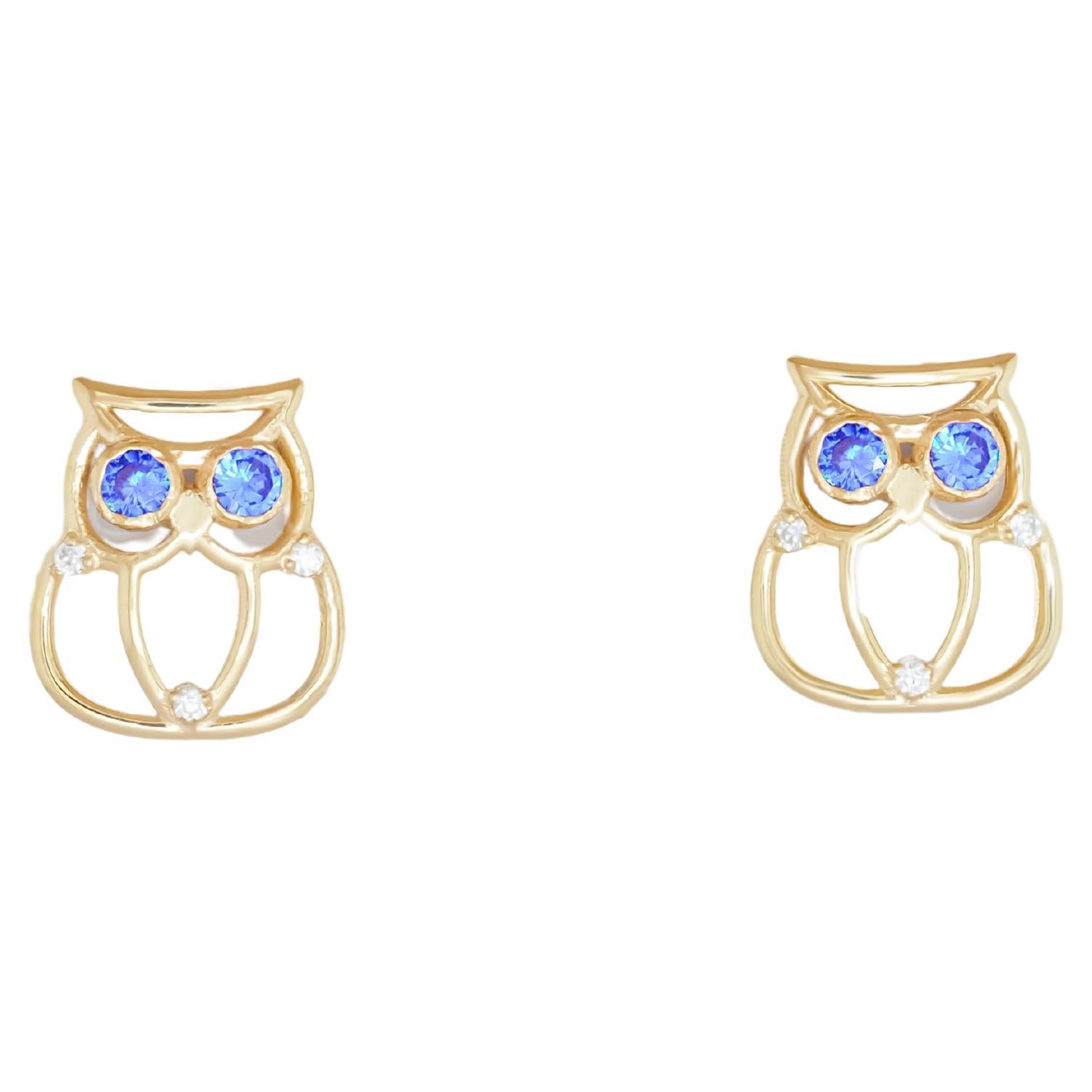 Owl earrings in 14k gold.  For Sale