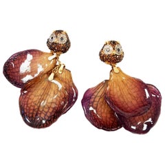 Owl Earrings Real Orchid Petals in White, Black and Cognac Diamonds