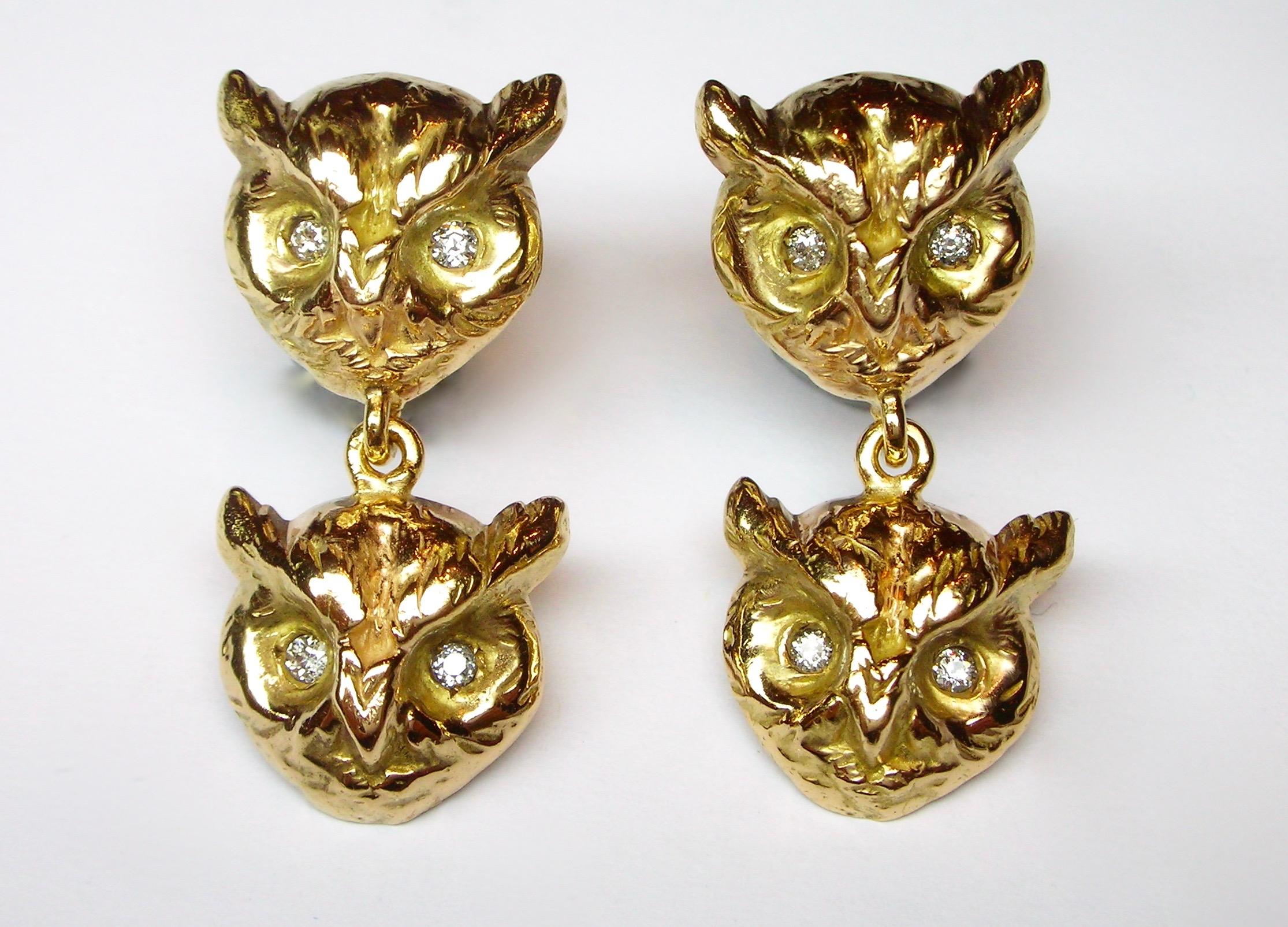 Owl shaped earrings in 18KT gold and diamonds, with a secure stud fitting to reverse. 

