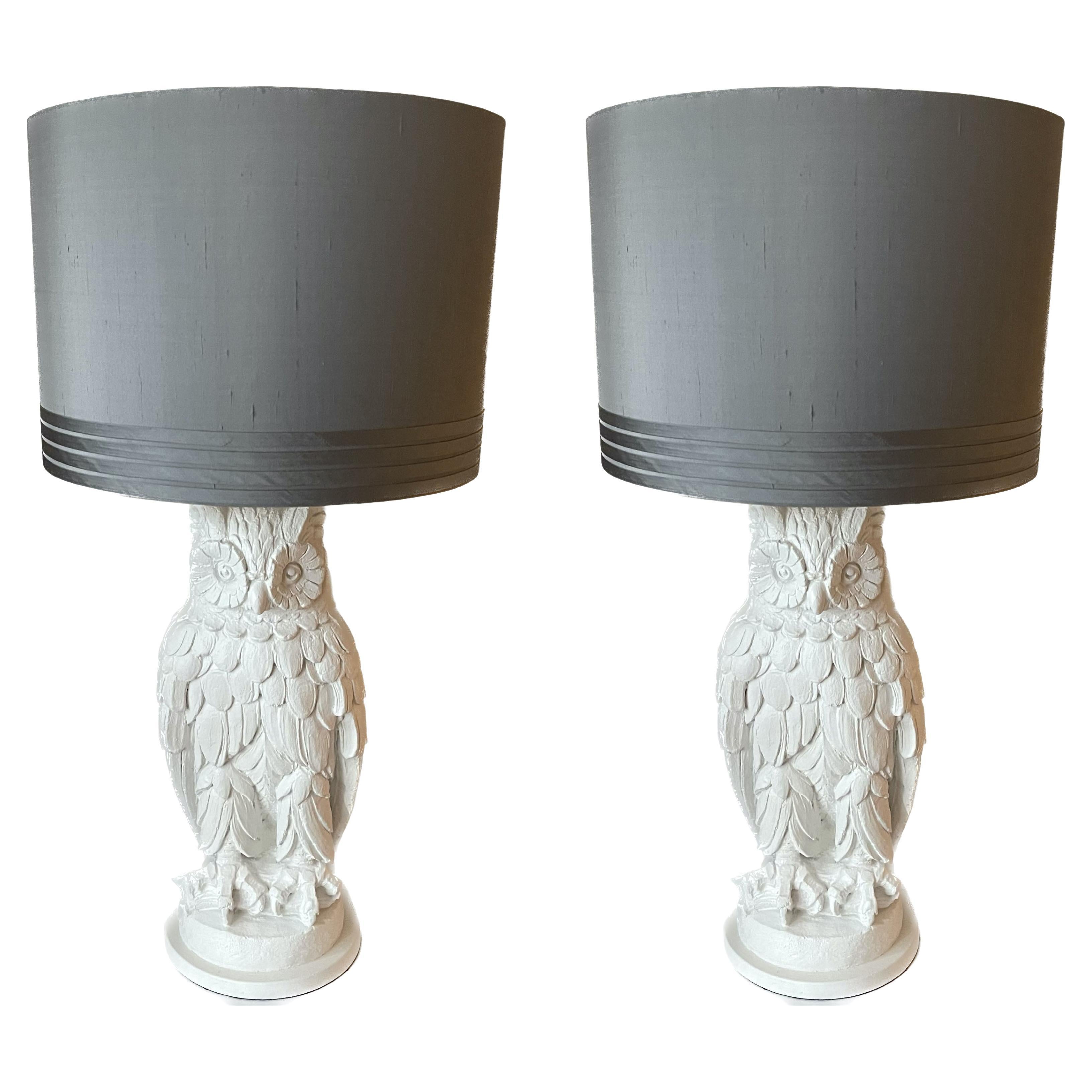 Owl Figure White Chalkware Lamps, Pair