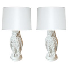 Vintage Owl Figure White Chalkware Lamps, Pair