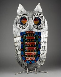"Owl" : Floor/ desk lamp - metal and shaped colored glass C.1970