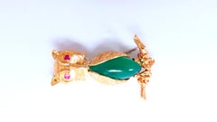 Owl Jade Ruby Figurine 3D Brooch Pin 18kt gold 12554
