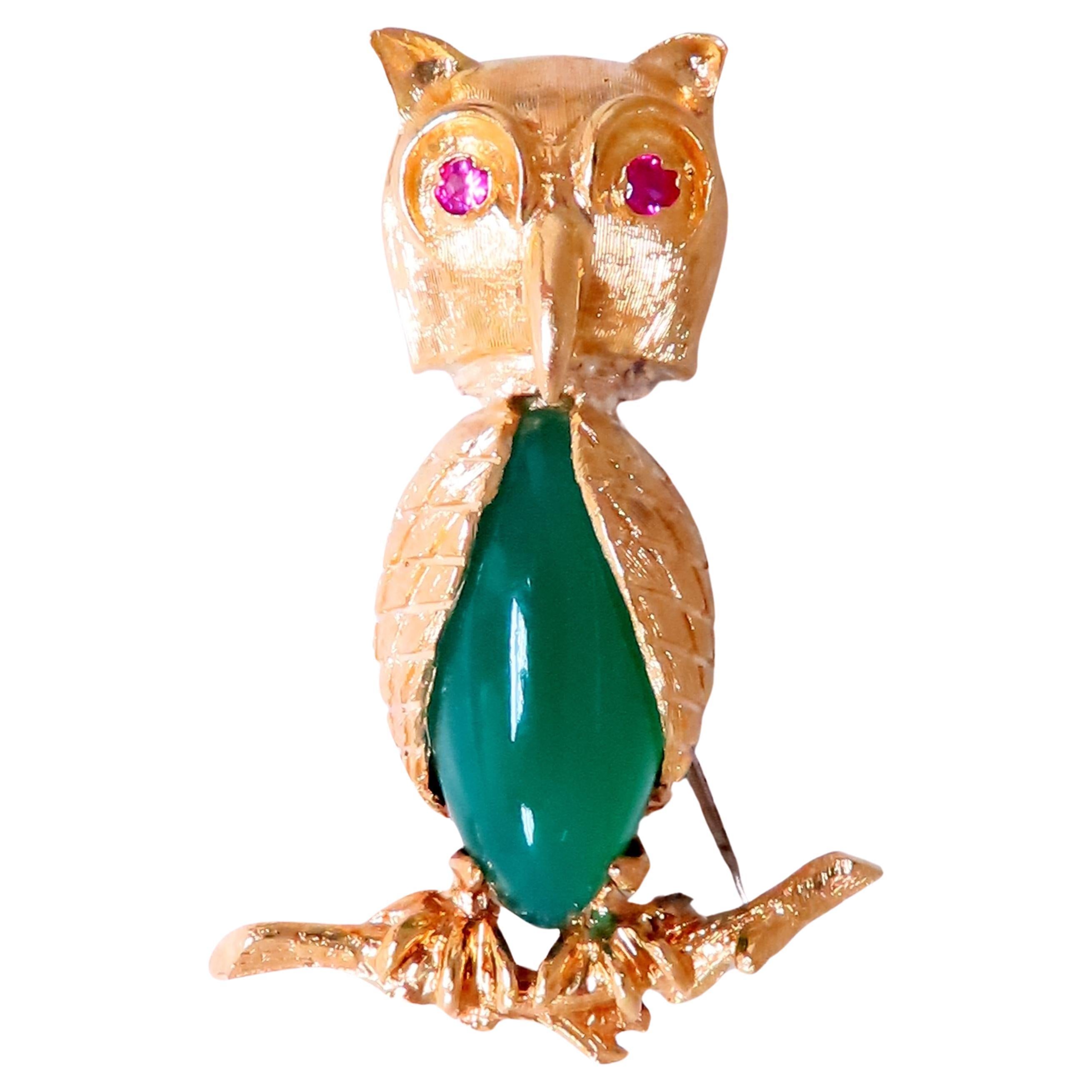 Owl Jade Ruby Figurine 3D Brooch Pin 18kt gold 12554