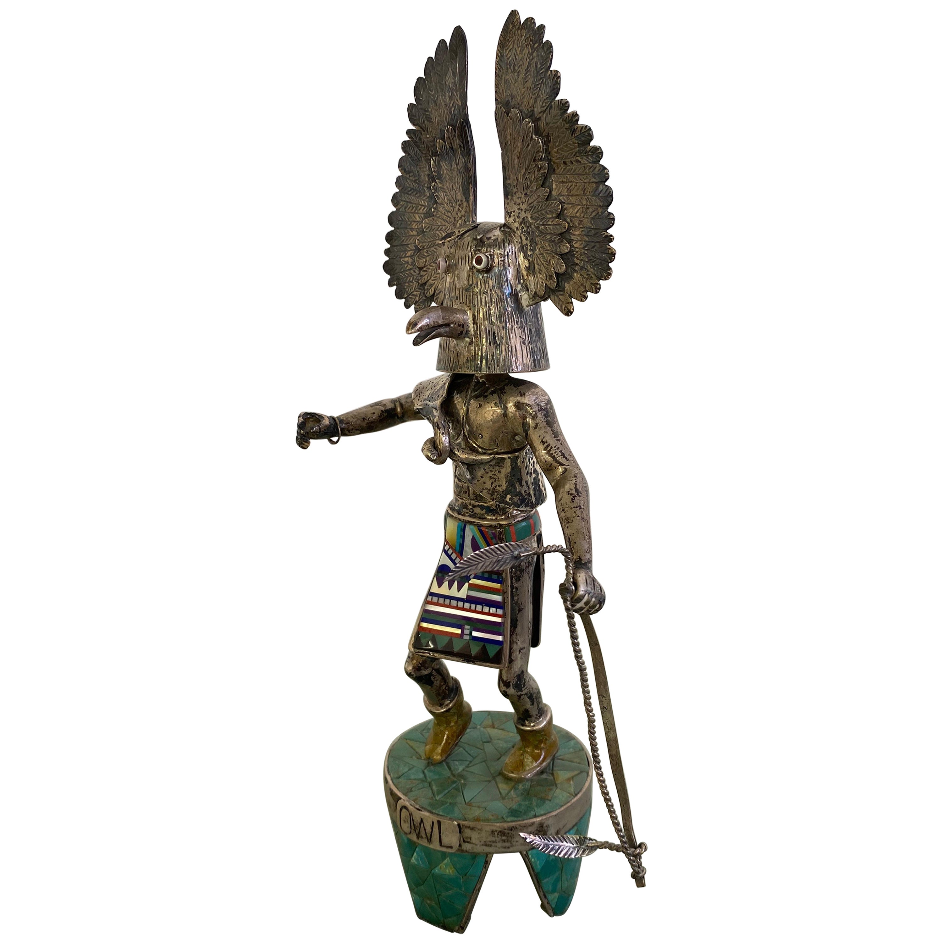 Owl kachina by Gaspar Sterling and Turquoise For Sale