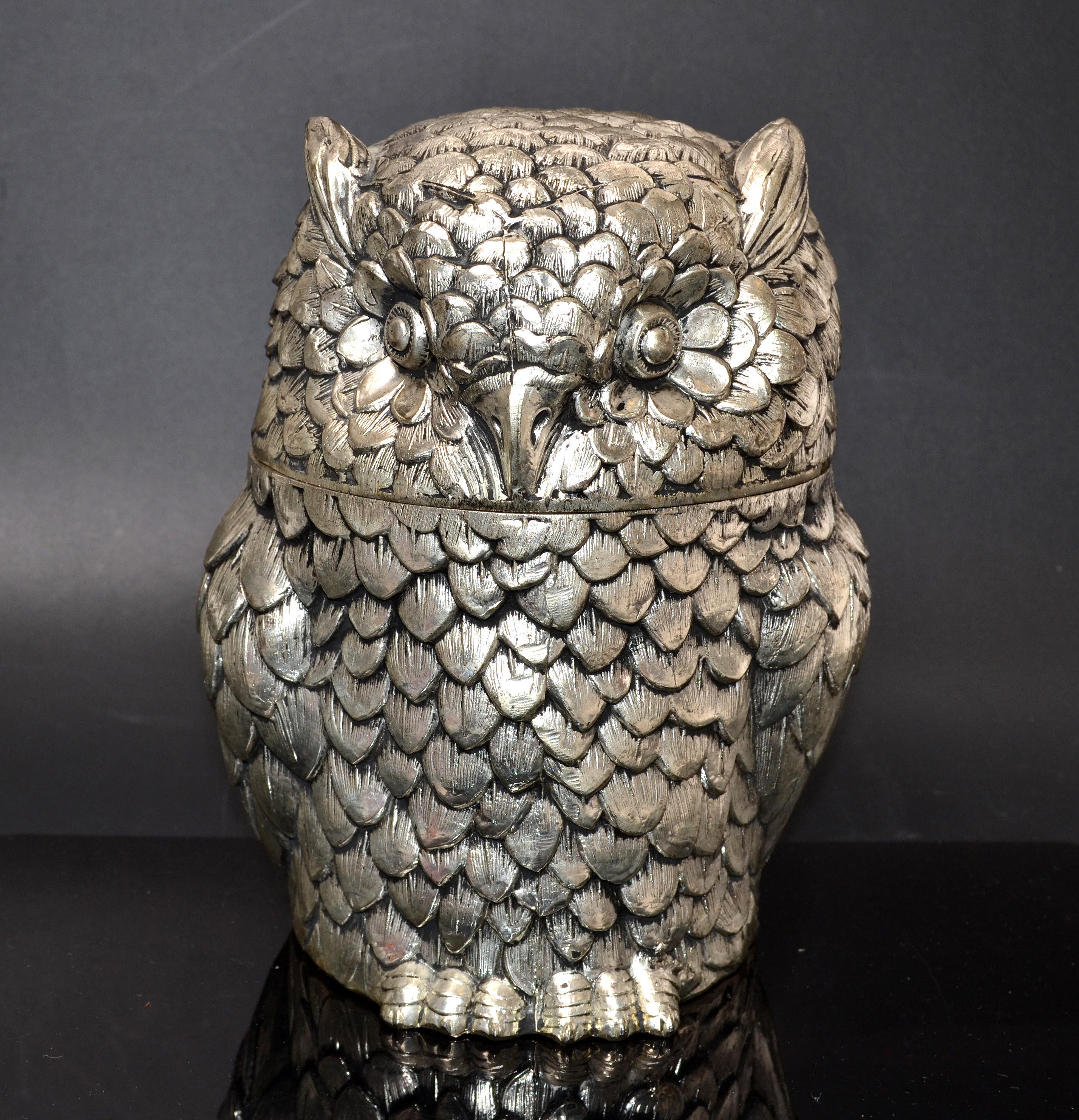 Italian Owl Mauro Manetti Silver Plate Insulated Ice Bucket Mid-Century Modern, Italy