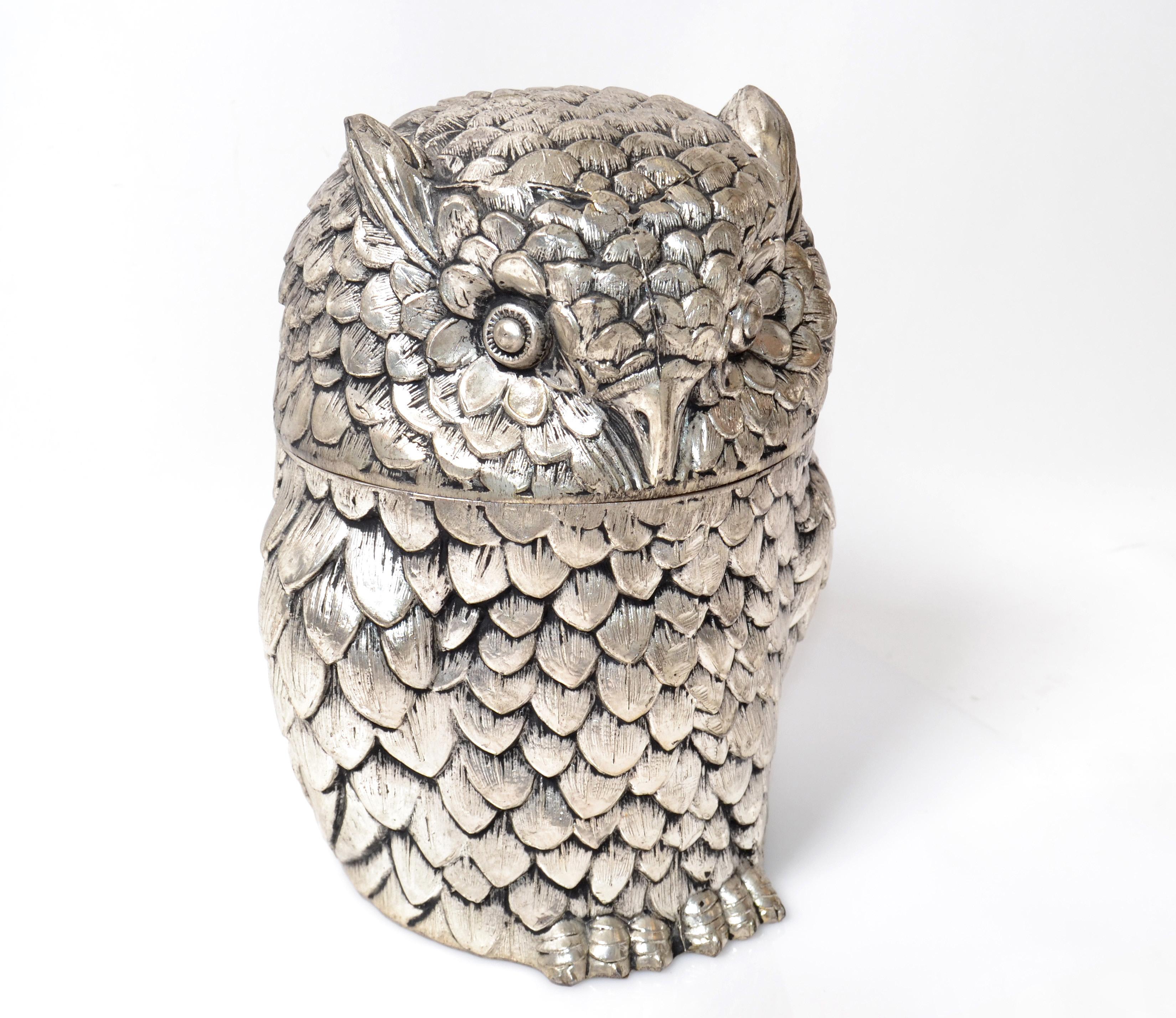 Hand-Crafted Owl Mauro Manetti Silver Plate Insulated Ice Bucket Mid-Century Modern, Italy